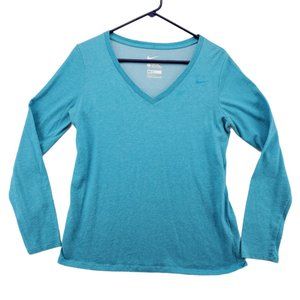 NIKE Shirt Women's Long Sleeve Pullover V- Neck Dri-Fit Athletic Cut Blue Large